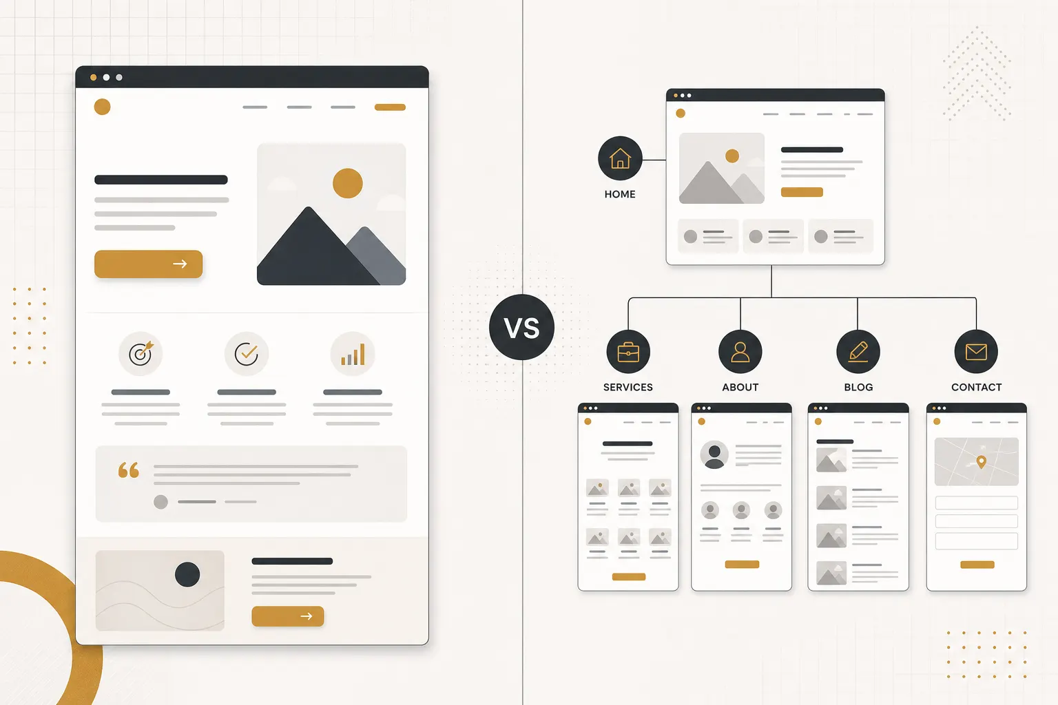 Split illustration comparing a focused landing page with a single call to action against a multi-page business website structure