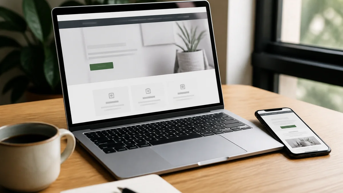 Business owner reviewing an outdated website on laptop and phone, considering a redesign