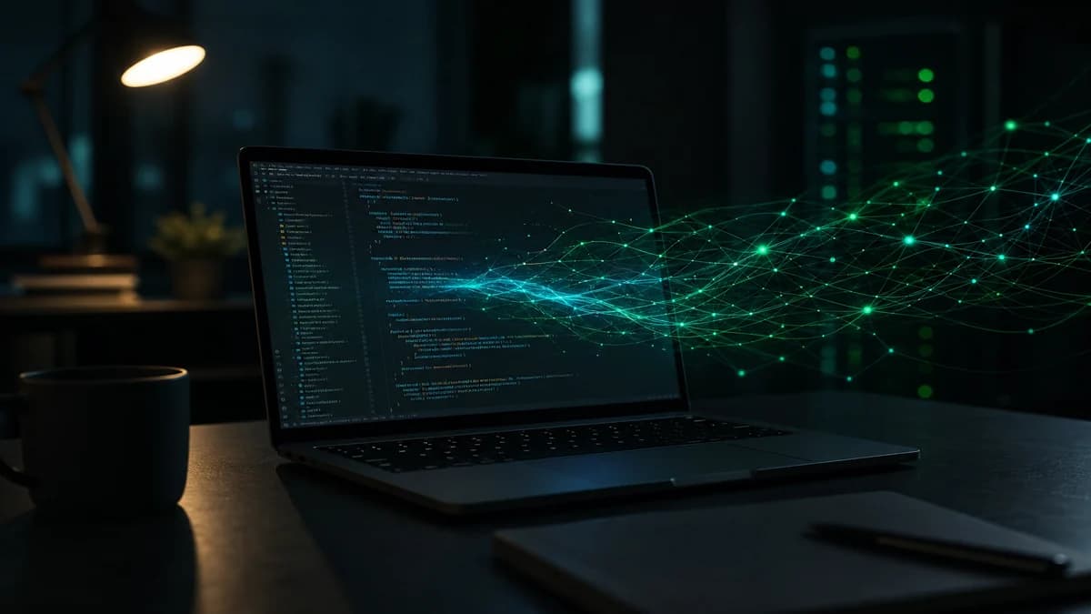 Developer desk with code editor and AI coding assistant panel open during a vibe coding session