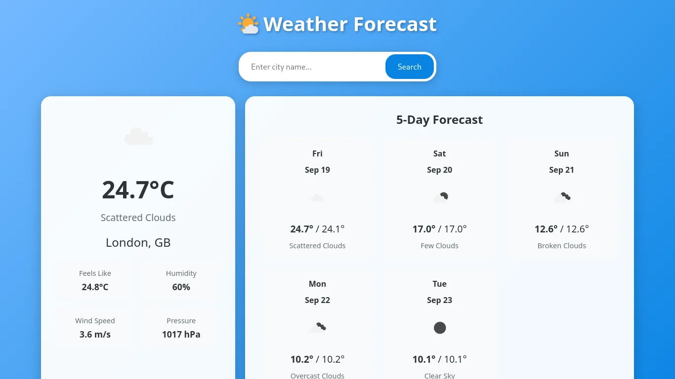 Vue.js weather dashboard, frontend JavaScript web application with API integration